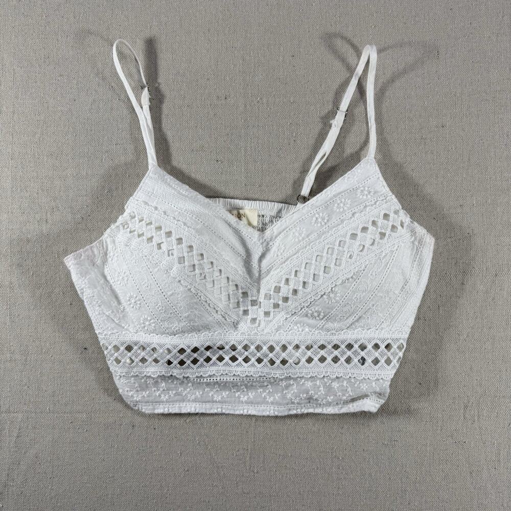 Rebellion Again White Eyelet Lace Smocked Crop Top Beachy vacation Cotton S